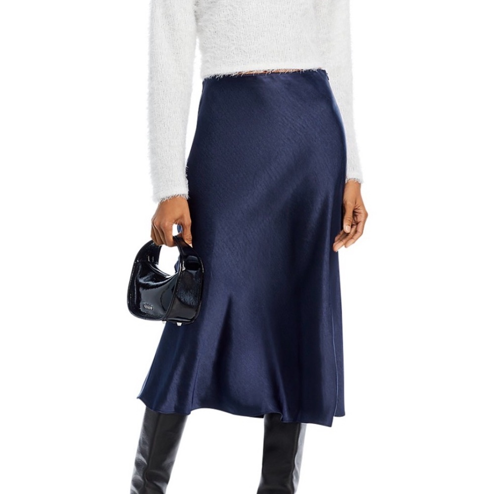 Aqua Navy Satin Bias-Cut Midi Skirt - Picture 2 of 4